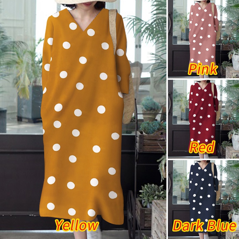 Zanzea Đầm Tay Lửng Cổ Chữ V Họa Tiết Chấm Bi Phong Cách Hàn Quốc Dành Cho Nữ