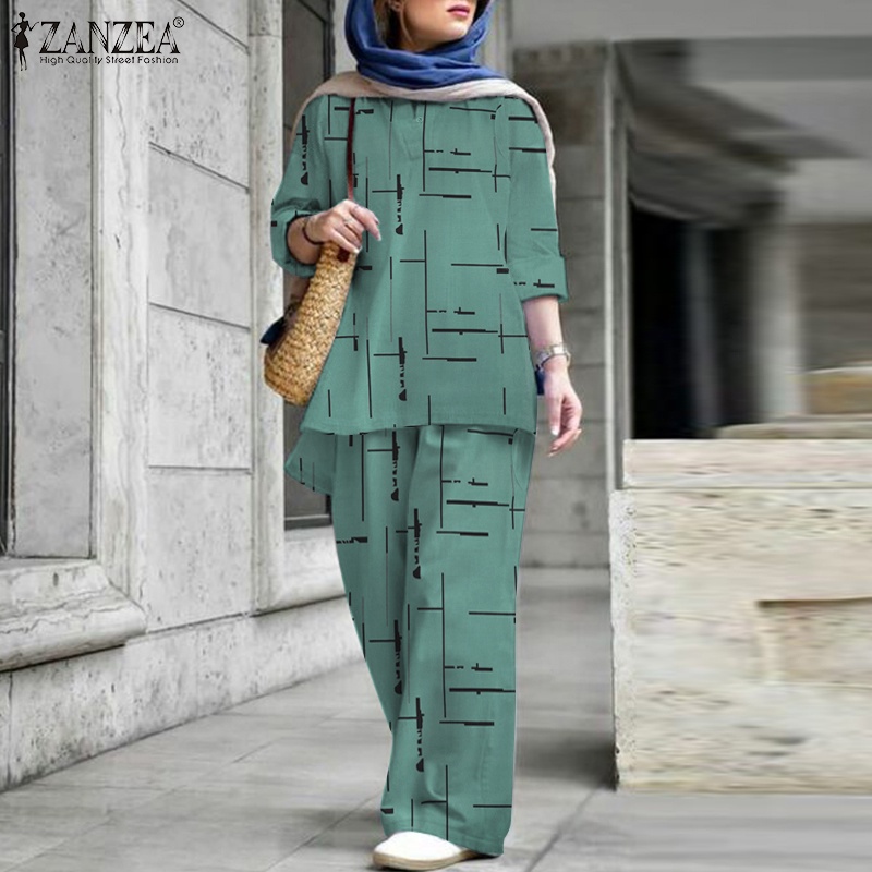 ZANZEA Set Áo Thun Ngắn Tay Cổ Chữ V + Quần Dài Lưng Thun Ống Rộng Thời Trang Nữ