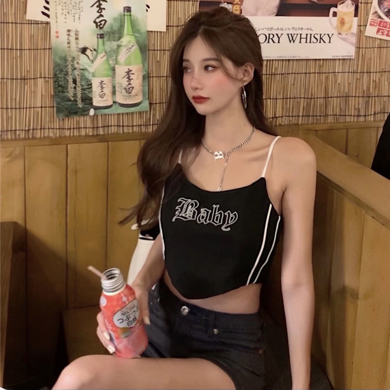 Áo Hai Dây Thêu Chữ Phong Cách Đường Phố Mỹ Cá Tính