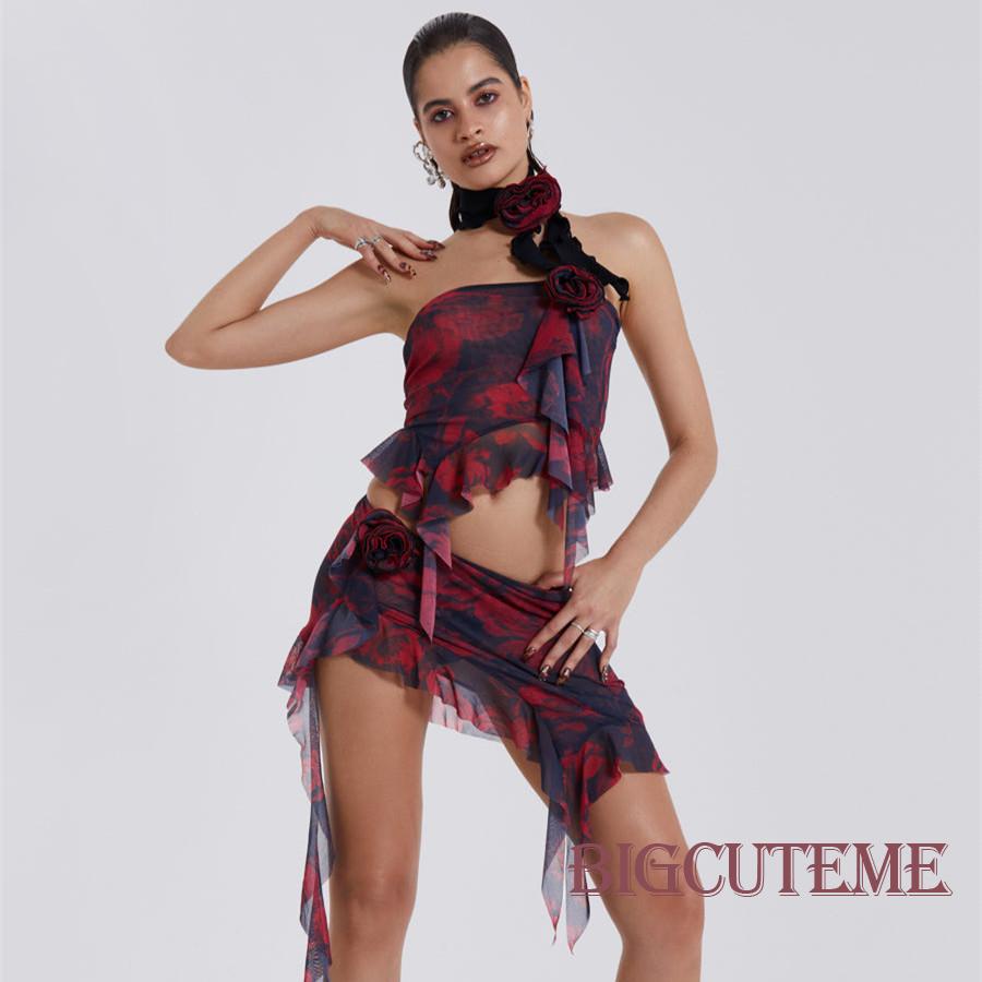 Bộ Trang Phục 2 Mảnh Gồm Áo Trễ Vai Không Tay + Chân Váy Ngắn In Hoa Thời Trang Cho Nữ
