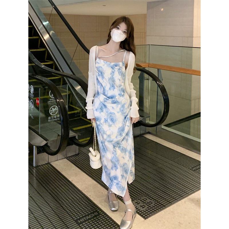 Bộ Áo Cardigan Dệt Kim Dáng Ngắn + Đầm Hai Dây Nhuộm Màu Thời Trang Mùa Hè Hàng Mới Dành Cho Bạn Nữ