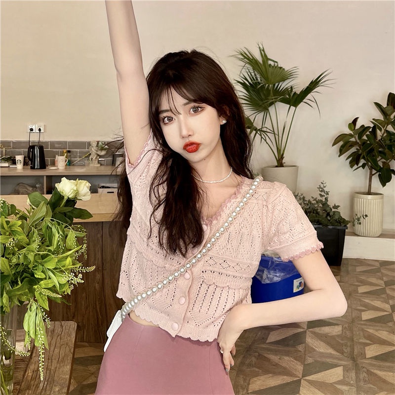 Áo Cardigan Dệt Kim Mỏng Tay Ngắn Cổ Chữ v Thời Trang Mùa Hè Cho Nữ