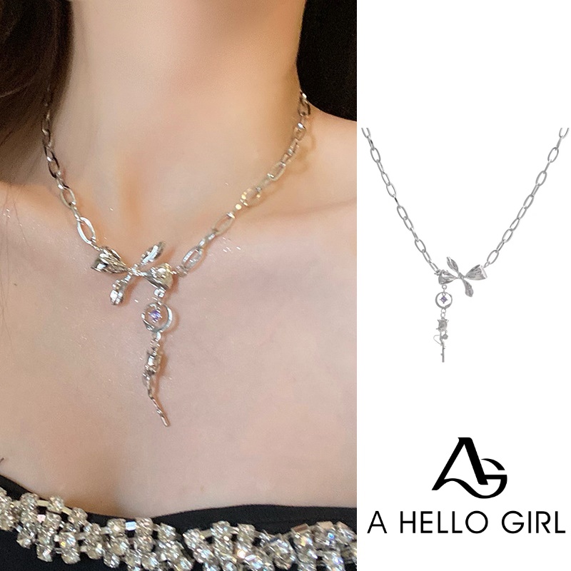 Ahellogirl Vòng cổ Mặt Hình Nơ Đính Đá Kim Cương Tím Phong Cách Hàn Quốc Cho Nữ