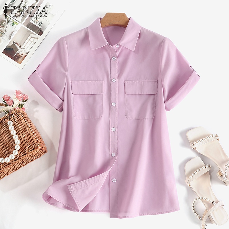 ZANZEA Áo Sơ Mi Nữ Tay Ngắn Kiểu Dáng Thời Trang Quyến Rũ