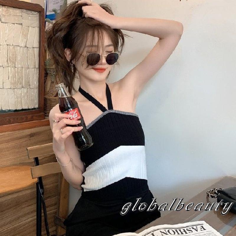 Áo Hai Dây Dệt Kim Mỏng Màu Sắc Tương Phản Thời Trang Mùa Hè Cho Nữ