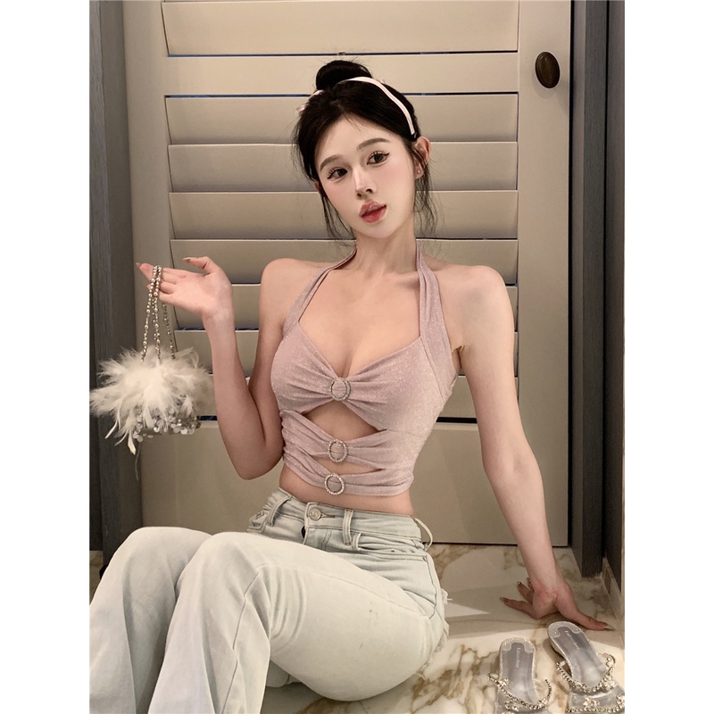 Áo Tank Top Hai Dây Dáng Ôm Hở Lưng Lấp Lánh Thời Trang Mùa Hè Quyến Rũ Cho Nữ