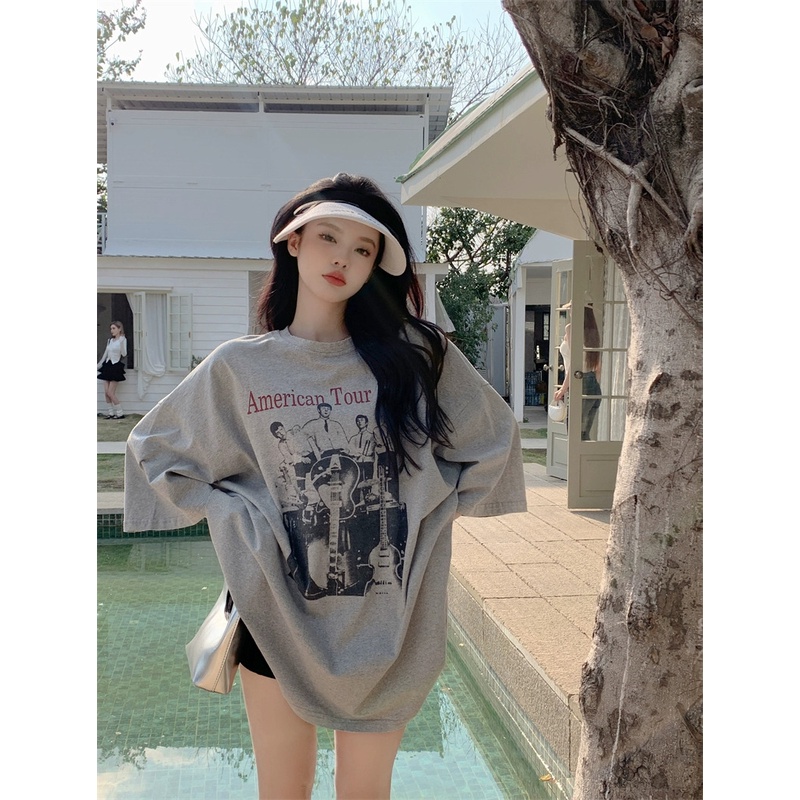 Áo Thun Tay Ngắn Dáng Rộng Họa Tiết In Phong Cách Retro Cá Tính