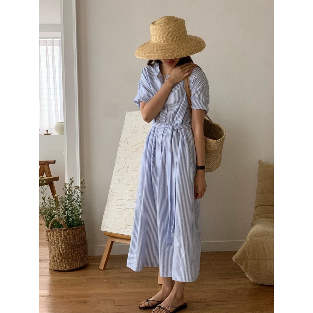 Đầm Tay Ngắn Lưng Cao Họa Tiết Kẻ Sọc Thời Trang Mùa Hè Phong Cách Hàn Quốc Cho Nữ