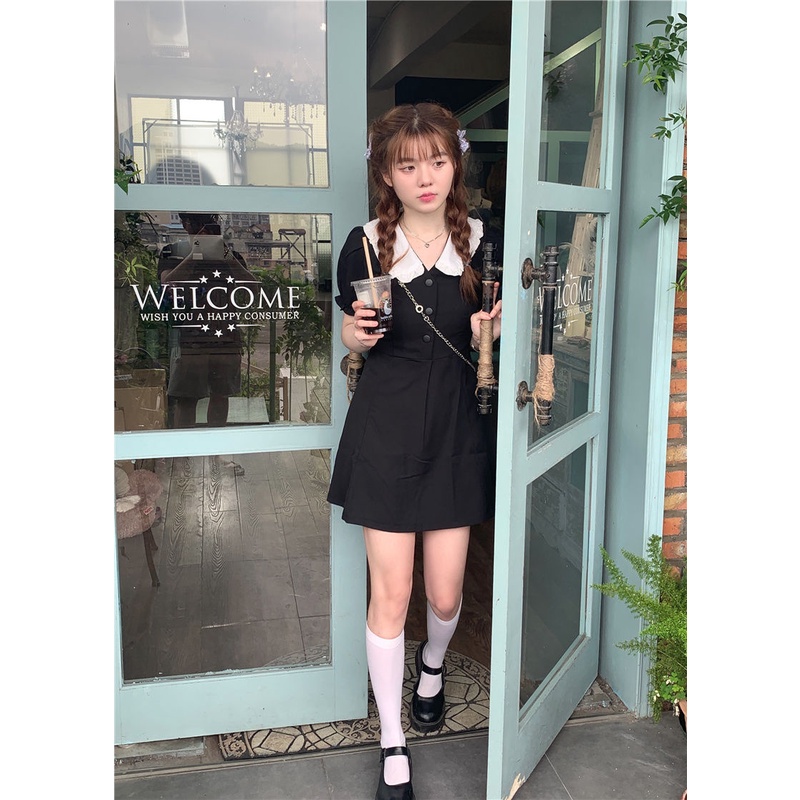 Đầm Đen Cổ Polo Cổ Búp Bê Phong Cách Pháp Thời Trang Hè 2023 Cho Nữ