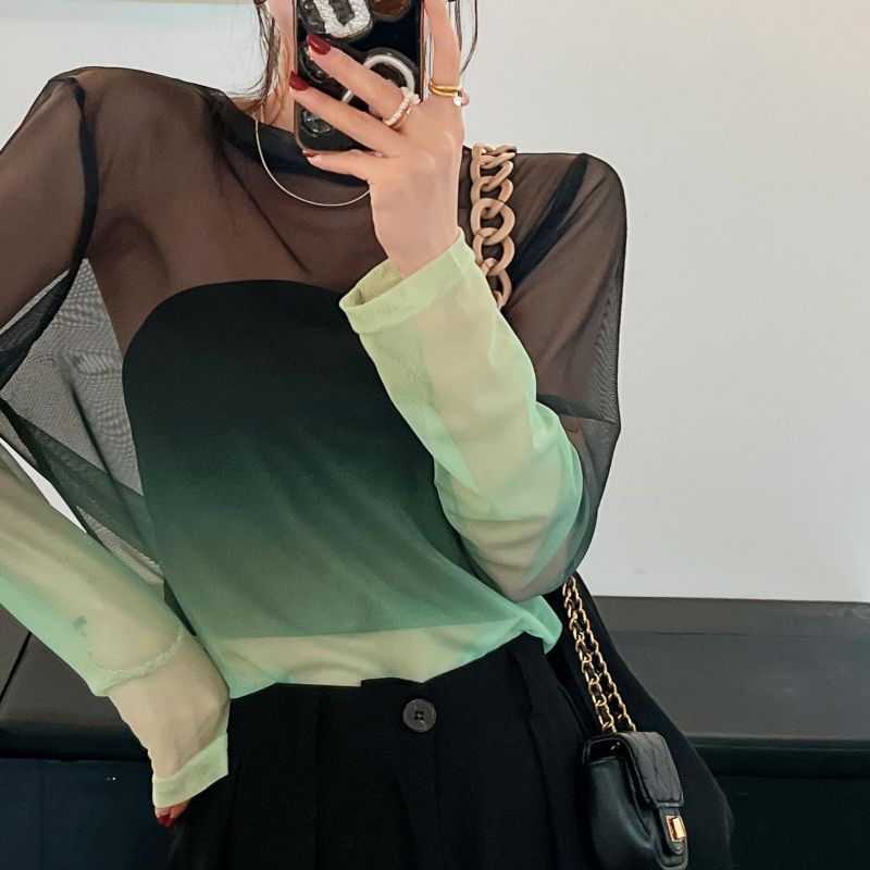 IELGY  Áo Thun Lưới Mỏng Tay Dài Nhuộm Màu gradient Dễ Phối Đồ Cho Nữ