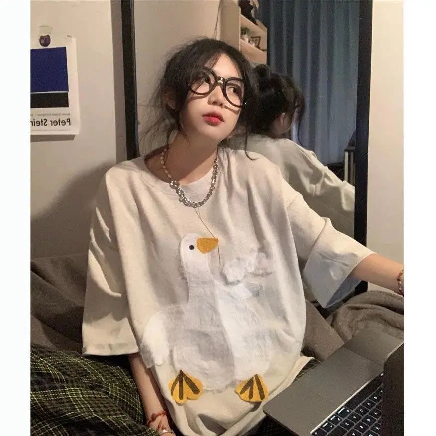 Áo Thun Ngắn Tay Dáng Rộng In Hình Vịt Dễ Thương Phong Cách Hồng Kông Thời Trang Mùa Hè Cho Nữ