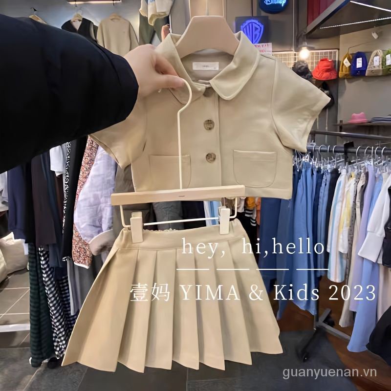 Bộ Áo Thun + Chân Váy Xếp Ly Phong Cách Preppy Mẫu Mới 2023 Thời Trang Mùa Hè Hàn Quốc Cho Bé Gái