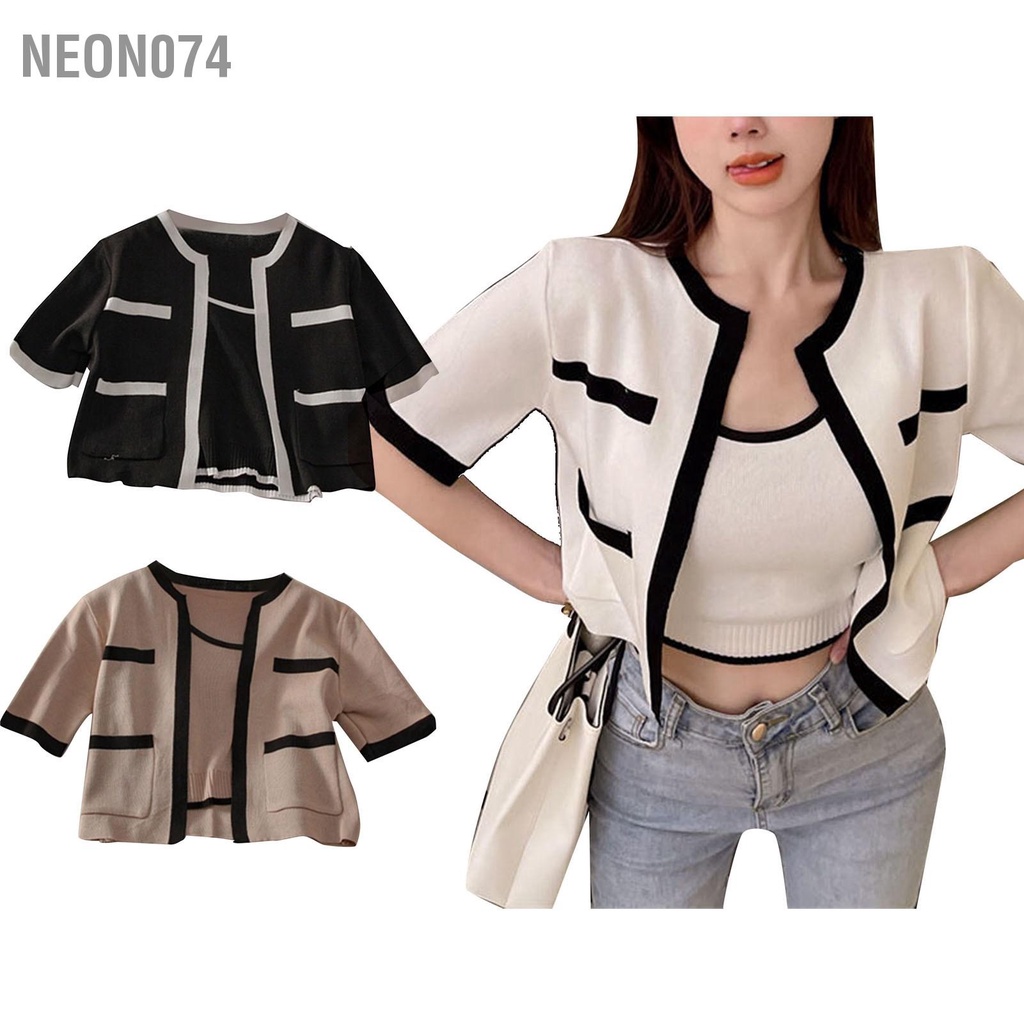 Neon074 Áo hai dây đan mảnh cho nữ Bộ thường ngày thanh lịch Chặn màu tay ngắn Hở phía trước trên cùng