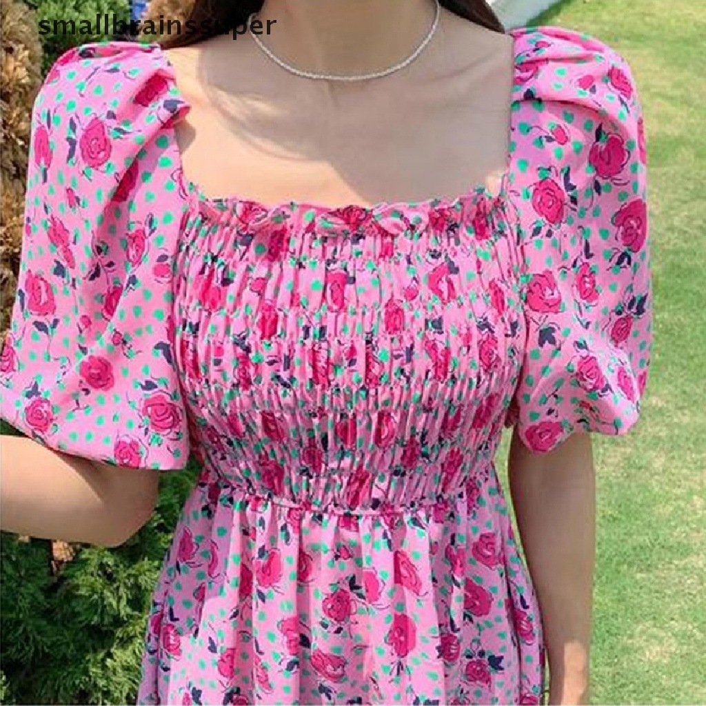 Đầm Hoa Tay Phồng Ngắn Cổ Vuông Dáng Chữ A Thời Trang Mùa Hè Phong Cách Hàn Quốc Cho Nữ SBS