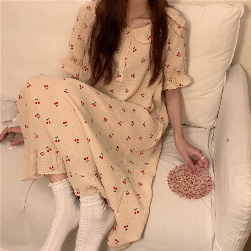 Đầm Ngủ Cotton Tay Ngắn Phối Ren Phong Cách Công Chúa Pháp Ngọt Ngào Cho Nữ La230