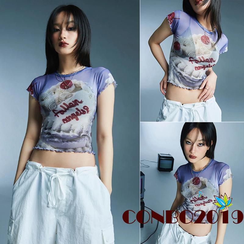 Áo Thun Crop Top Tay Ngắn Phối Lưới In Chữ Thời Trang Mùa Hè Cho Nữ