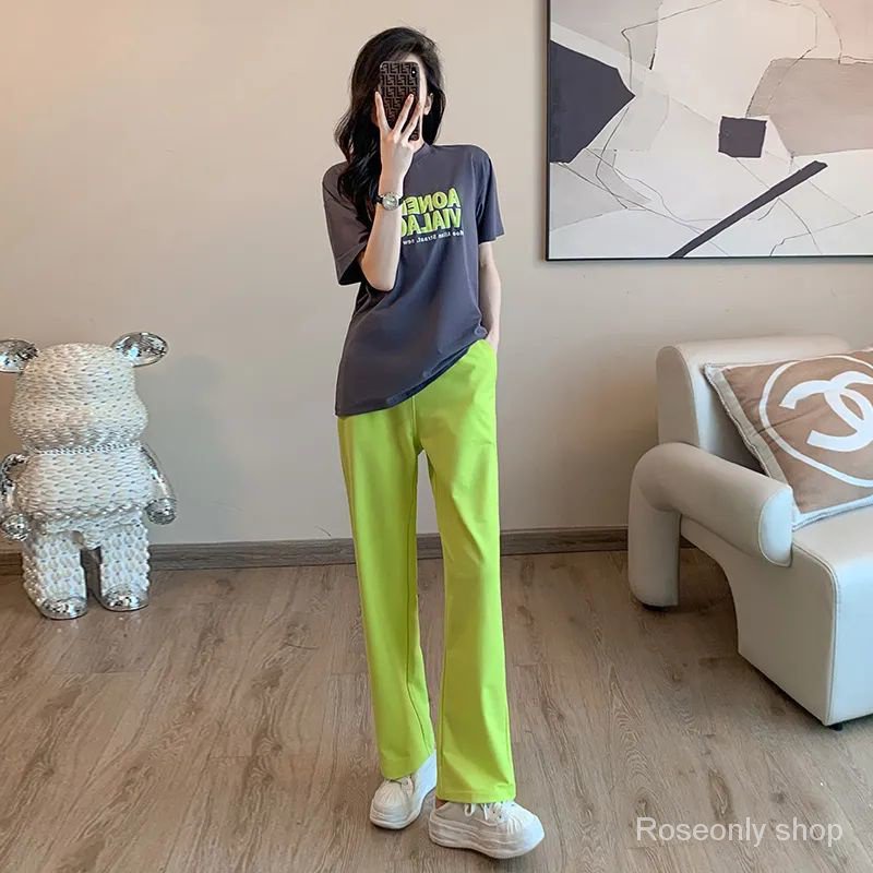 Bộ Áo Thun Cotton Ngắn Tay + Quần Ống Rộng Màu Xanh Lá Thời Trang Mùa Hè 2023 Cho Nữ