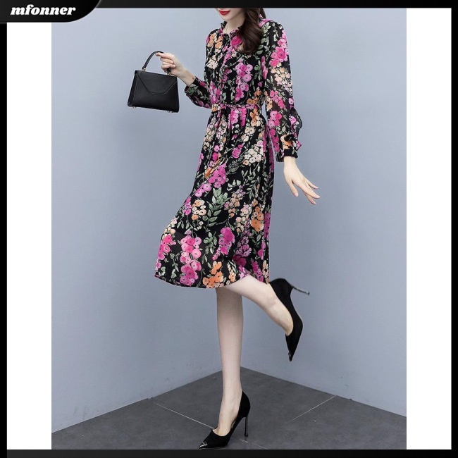 Đầm Midi Tay Dài Cổ Tròn Cột Dây Họa Tiết Hoa Thiết Kế Thoáng Khí Siêu Nhẹ Thời Trang Cho Nữ