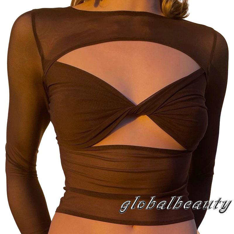 Áo Thun Dài Tay Màu Trơn Phối Lưới Thời Trang Cho Nữ