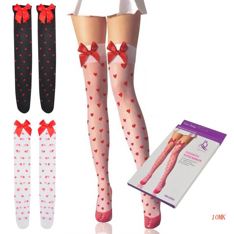 Xiangbao Vớ Dài Qua Gối Vải Lụa Đính Nơ To Họa Tiết Chấm Bi Trái Tim Ngọt Ngào Phong Cách Lolita Gợi Cảm Cho Nữ