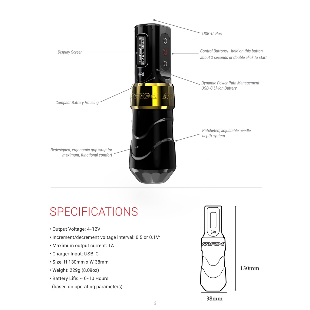 FLUX MAX Máy xăm Pen Mới cung cấp sức mạnh xăm hình động động Máy LED Kỹ thuật số Máy in hình xăm