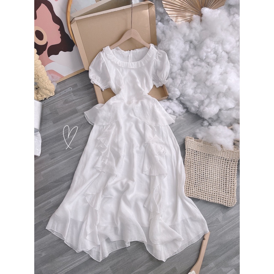 Đầm midi trắng cổ vuông chân bèo voan