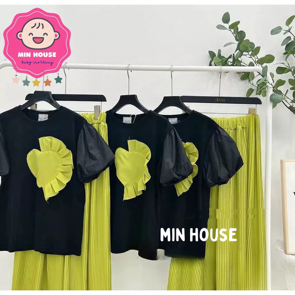 (10-30kg) Set áo cotton tàu thêu tim phối quần tăm ống xuông cho bé diện hè, đi học, đi chơi