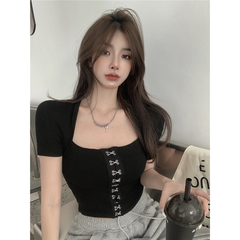 Áo Thun Tay Ngắn Cổ Vuông Màu Sắc Đơn Giản Cho Nữ