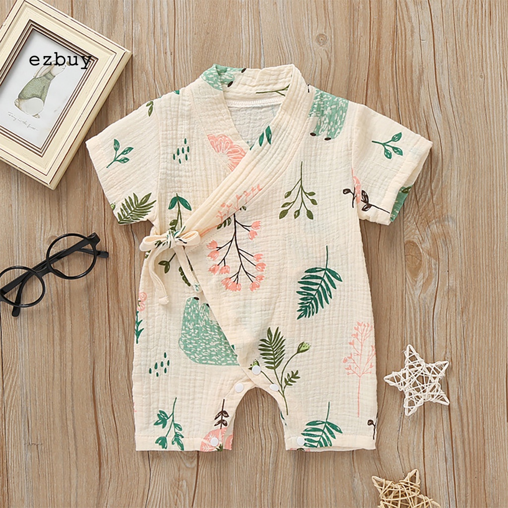 Áo Liền Quần Tay Ngắn Cổ Chữ V Bằng Cotton Thoáng Khí Cho Bé Sơ Sinh