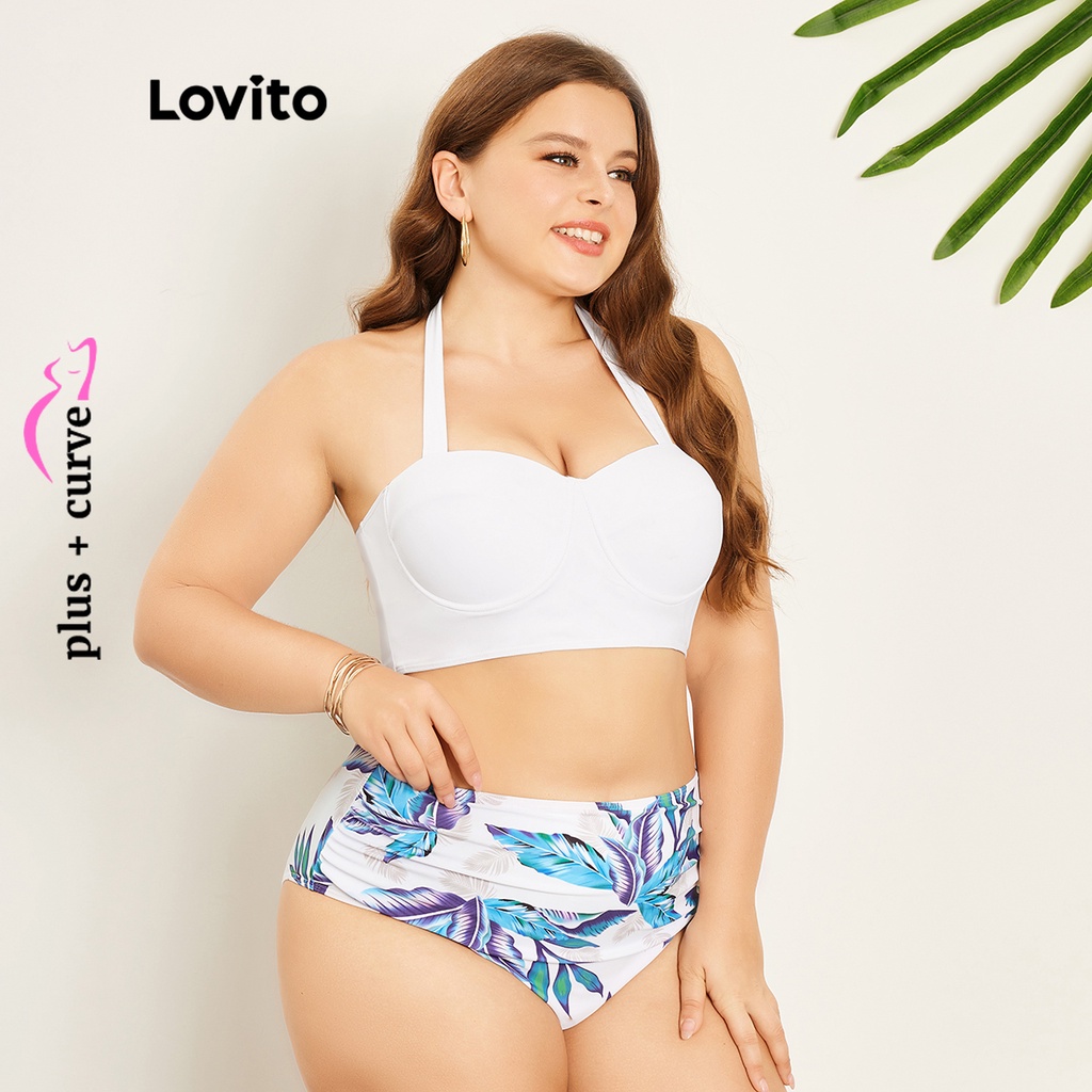 Bộ đồ bơi bikini Lovito có đệm ngực cổ yếm xếp nếp boho tôn đường cong size lớn cho nữ LPS07068 (Màu trắng)