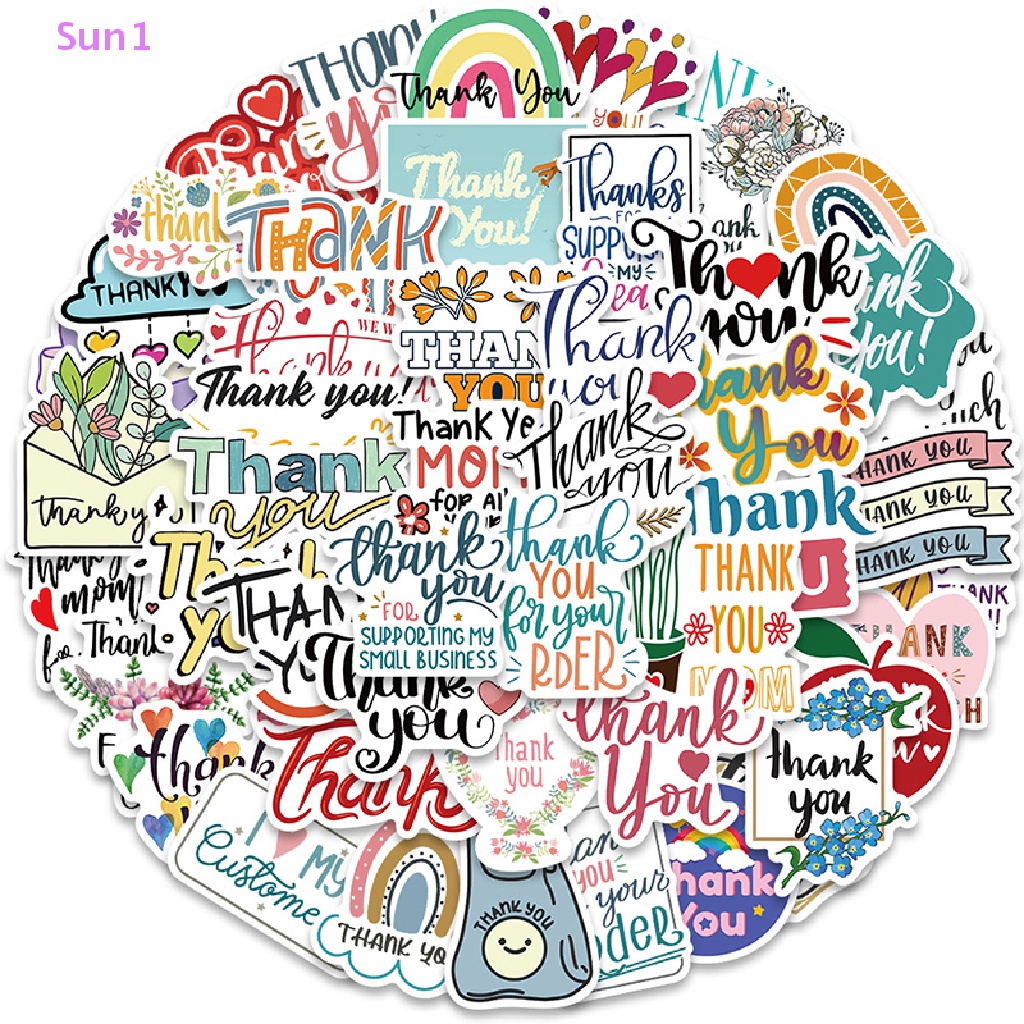 Bộ 50 Miếng Dán Chống Nước Trang Trí Sổ Tay / Hành Lý In Chữ Thank You Sun1