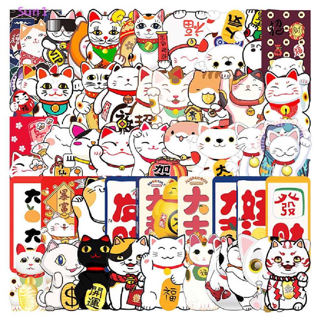 Set 50 Miếng Dán Hình Mèo May Mắn Graffiti Trang Trí Vali Laptop Xe Đạp