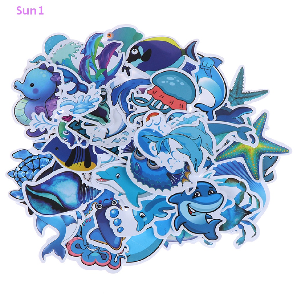 Set 49 Miếng Dán Hình Động Vật Biển Xanh Dương Dễ Thương Trang Trí Vali Ván Trượt Laptop