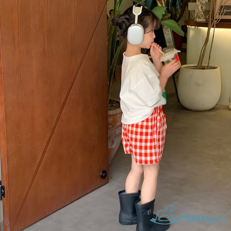 Quần Short Cotton Lưng Thun Ống Rộng Họa Tiết Sọc Caro Thời Trang Mùa Hè Cho Bé Gái