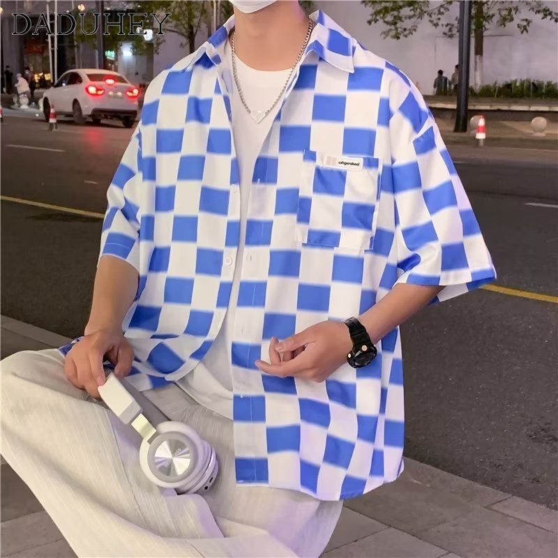 DaDuHey 2023 New Fashion Trendy Casual Half Sleeve Shirt Men's Summer Hong Kong Style All-Match Chessboard Plaid Short-Sleeved Shirt
