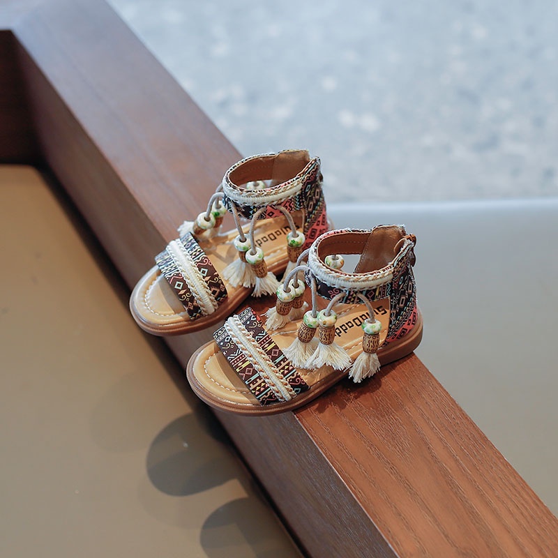 Xăng đan La Mã Mùa Hè 2023 Có Khóa Kéo Phối Tua Rua Phong Cách Dân Tộc Cổ Điển Hợp Thời Trang Cho Bé Gái