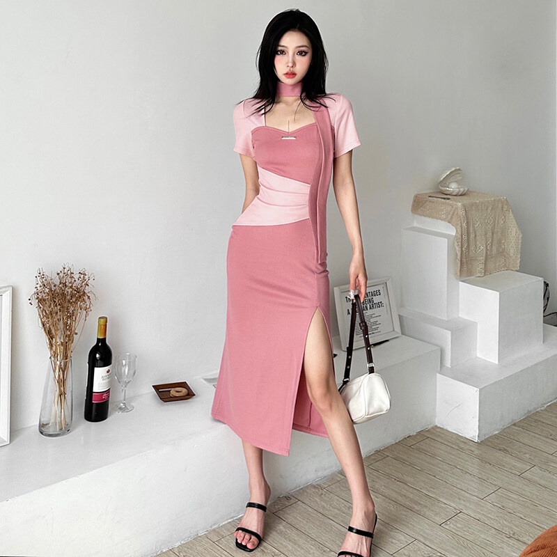 Đầm Midi Chữ A Tay Ngắn Dáng Ôm Xẻ Tà Cao Màu Sắc Tương Phản Thời Trang Cho Nữ