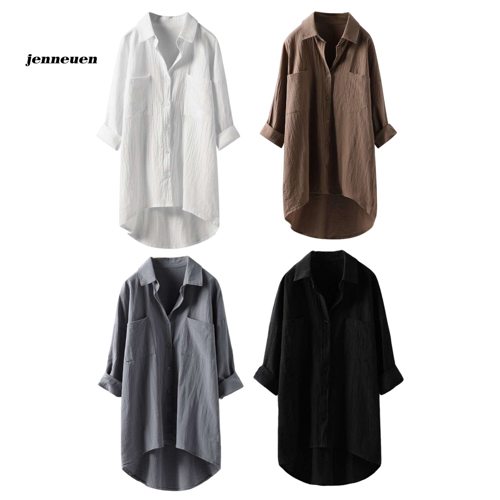 Áo Sơ Mi Tay Dài Cổ Bẻ Màu Trơn Có Túi Thời Trang Dành Cho Nữ