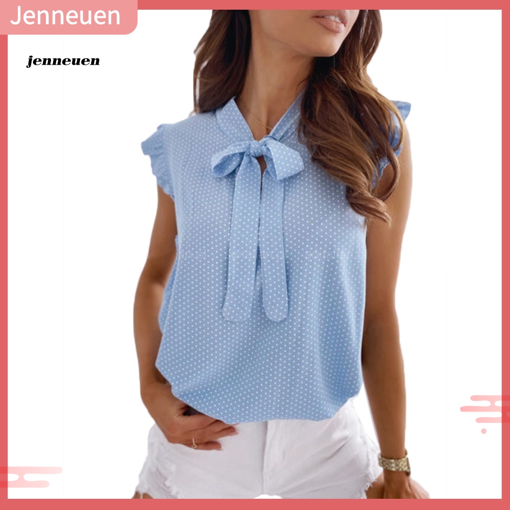 Áo Sơ Mi Không Tay Viền Bèo Họa Tiết Chấm Bi Thời Trang Công Sở Cho Bạn Gái