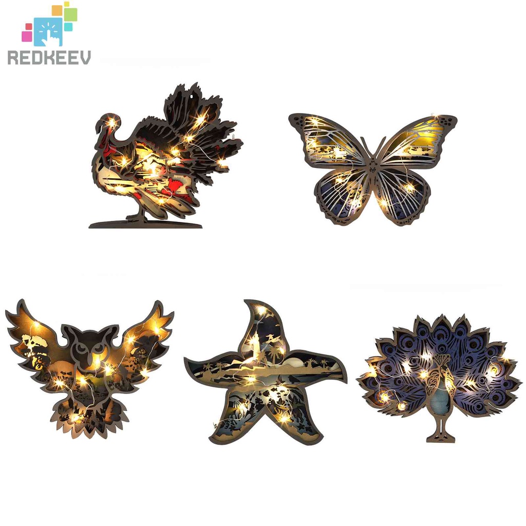 Đèn Trang Trí Để Bàn Bằng Gỗ Rỗng Khắc Hình Động Vật 3D Phát Sáng