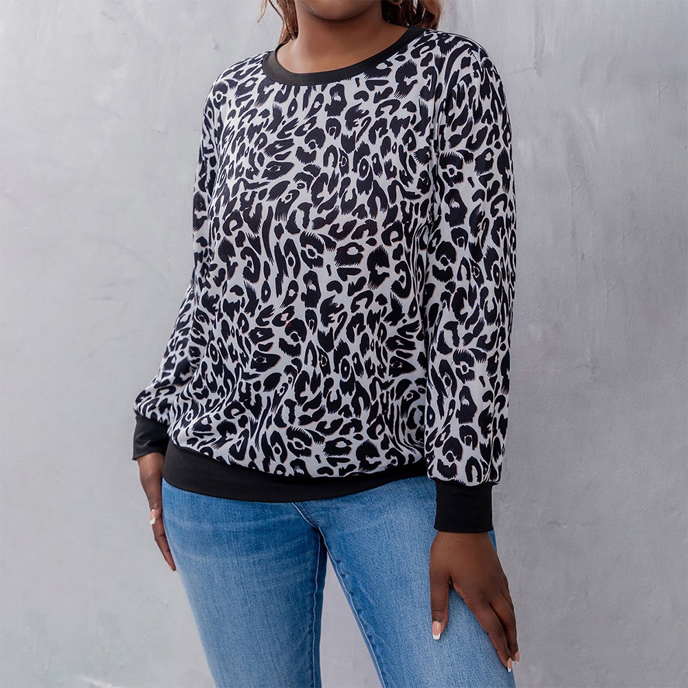 Áo Thun Nữ Cổ Tròn Dài Tay In Họa Tiết Da Báo Plus Size MM0411