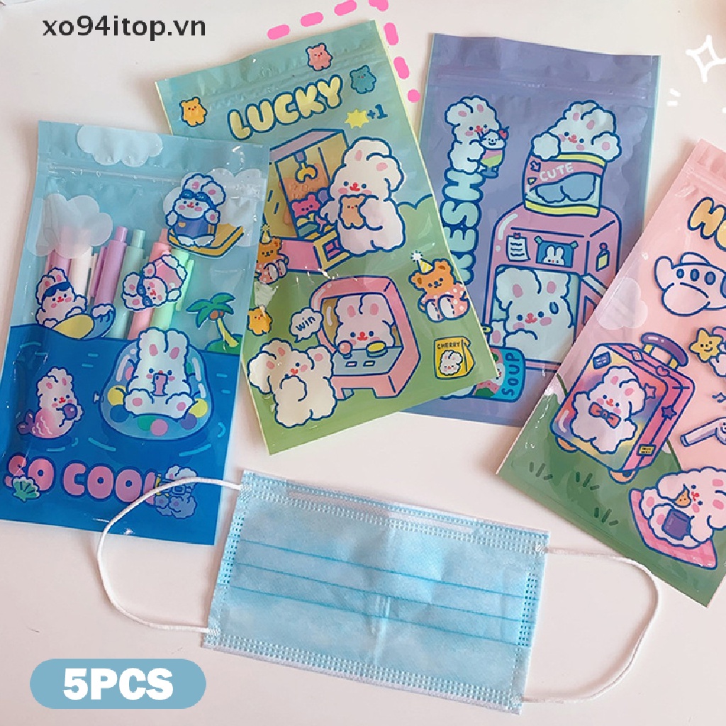 Xoitop Set 5 Túi Zip Bằng Nhựa PVC Trong Suốt Đựng Bánh Kẹo Trang Sức Hình Thỏ Hoạt Hình Dễ Thương