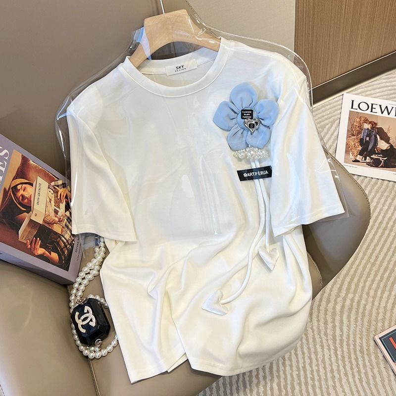 Áo Thun Tay Ngắn Màu Trắng Họa Tiết Hoa Thời Trang Mùa Hè Cho Nữ