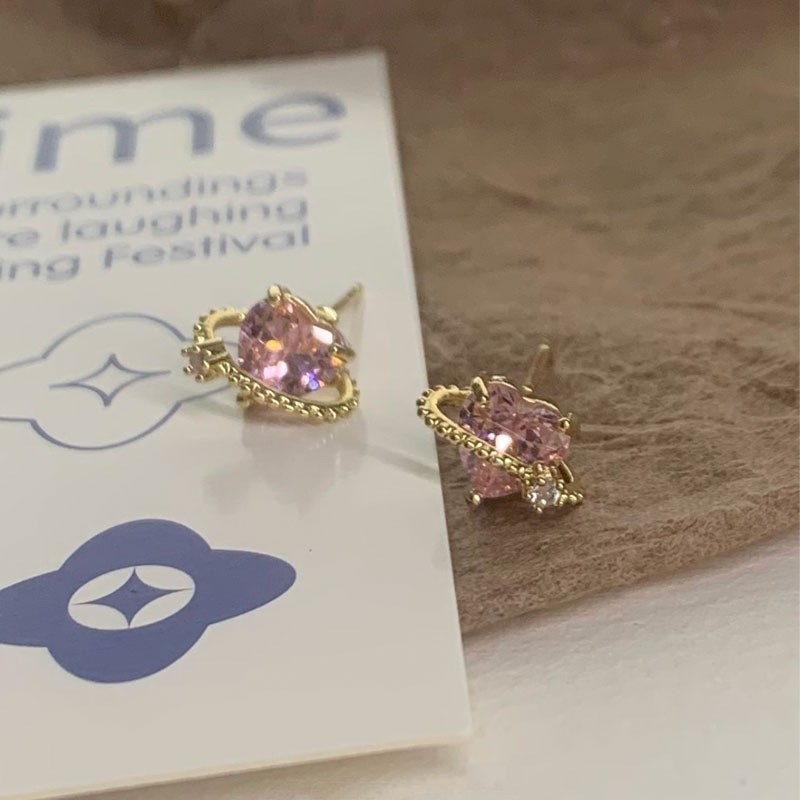 Khuyên Tai Zircon Hồng 2023 Hình Trái Tim Hành Tinh Galaxy Dát Đá Zircon Nhỏ