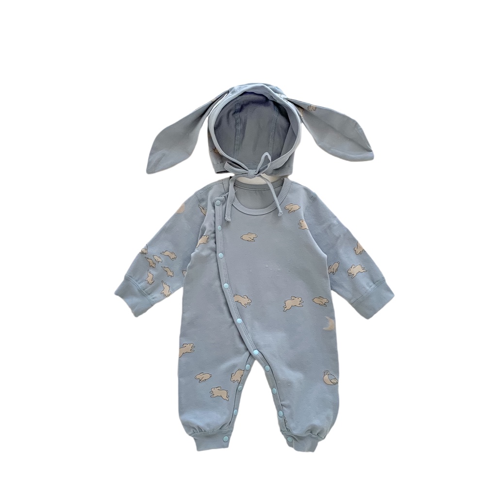 Bộ Áo Liền Quần Tay Dài In Hình Thỏ Dễ Thương Kèm Nón Cho Bé Sơ Sinh Từ 0-24 Tháng Tuổi