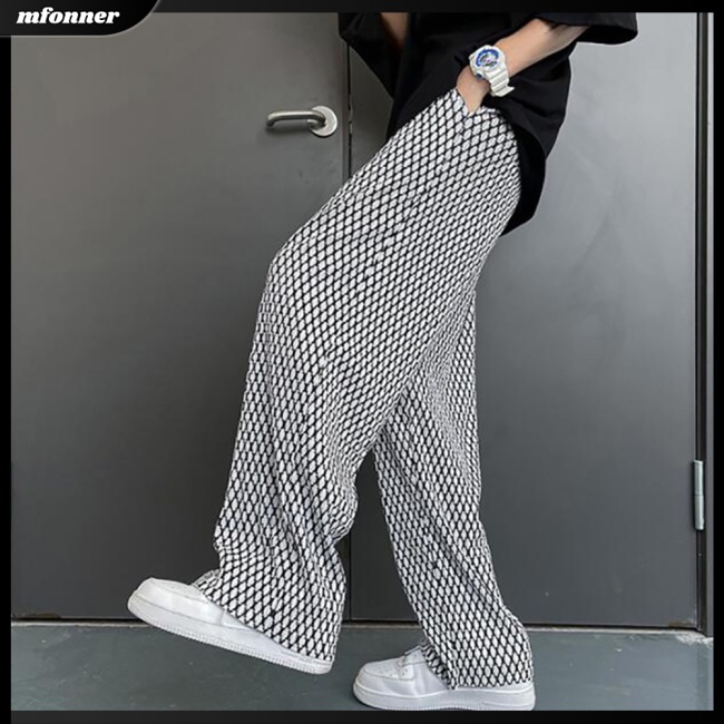 Quần Dài Ống Rộng Vải Lụa Mát Thoáng Khí Nhanh Khô In Họa Tiết Caro Thời Trang Mùa Hè Cho Nam