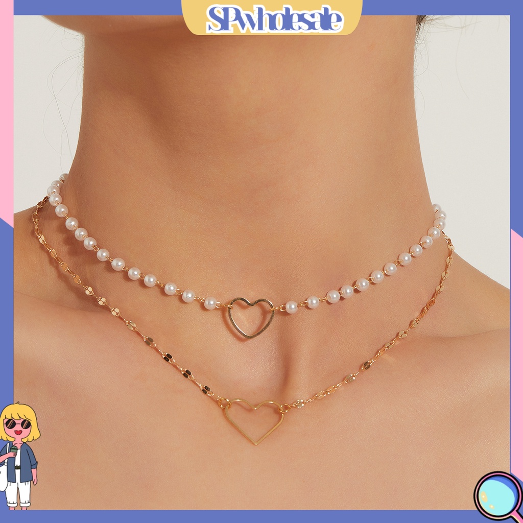 &lt;SPwholesale&gt; Vòng cổ Hai Lớp Mặt Hình Trái Tim Đính Ngọc Trai Nhân Tạo Thời Trang Dành Cho Nữ