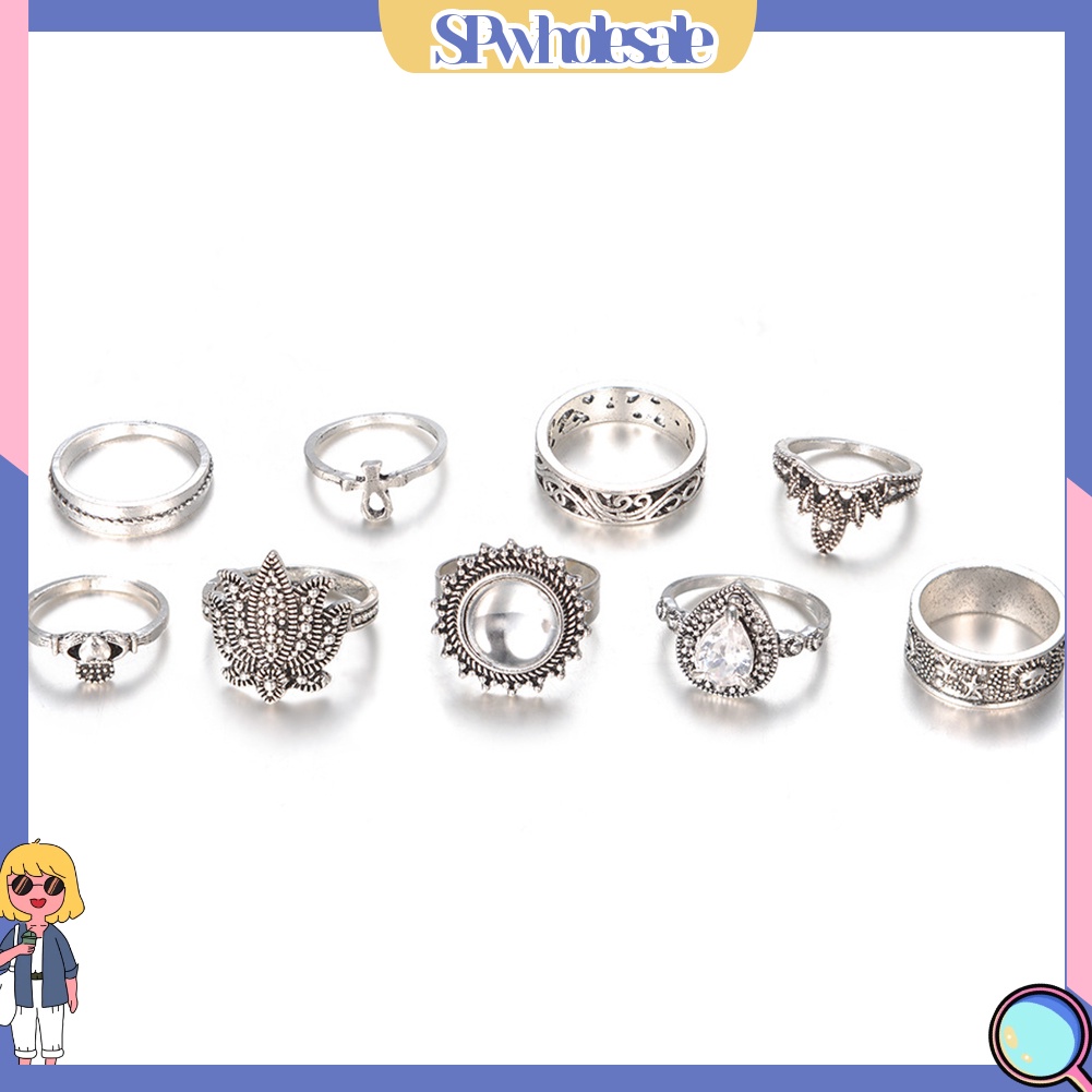 <SPwholesale> Set 9 Nhẫn Đốt Ngón Tay Đính Đá Phong Cách Retro