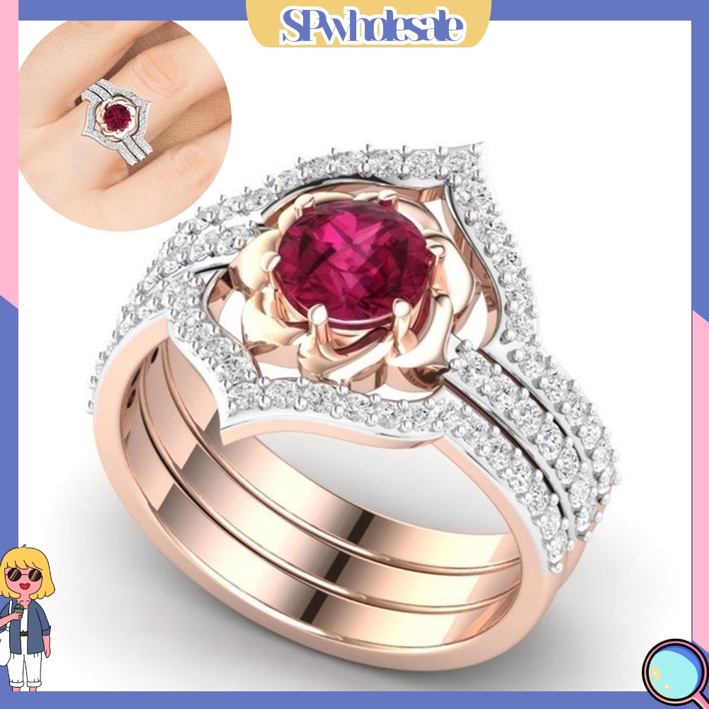 &lt;SPwholesale&gt; Bộ 3 Nhẫn Đính Đá Ruby Nhân Tạo Thời Trang Cho Nữ