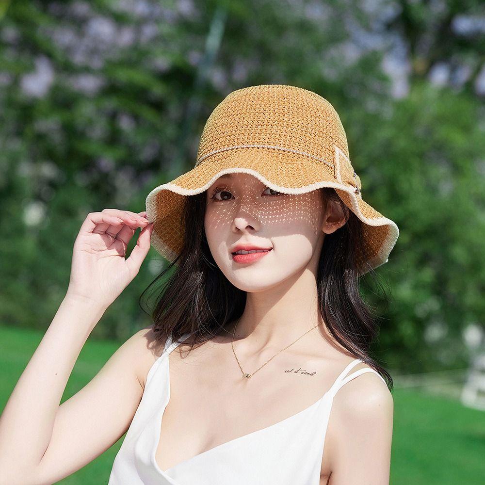 MXGOODS Mũ Tai Bèo Dệt Kim Chống Tia UV Màu Trơn Đính Nơ Dễ Thương Thời Trang Mùa Hè Cho Nữ